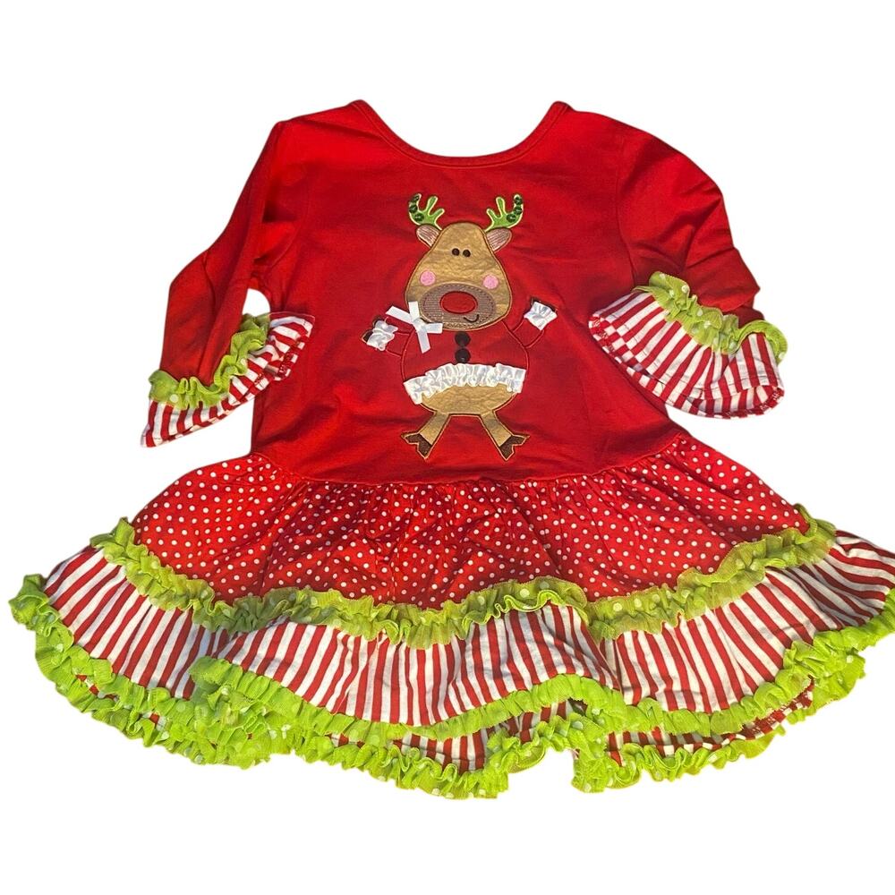 Rare Editions‎ Christmas red reindeer ruffle long sleeve tiered dress SIZE 4